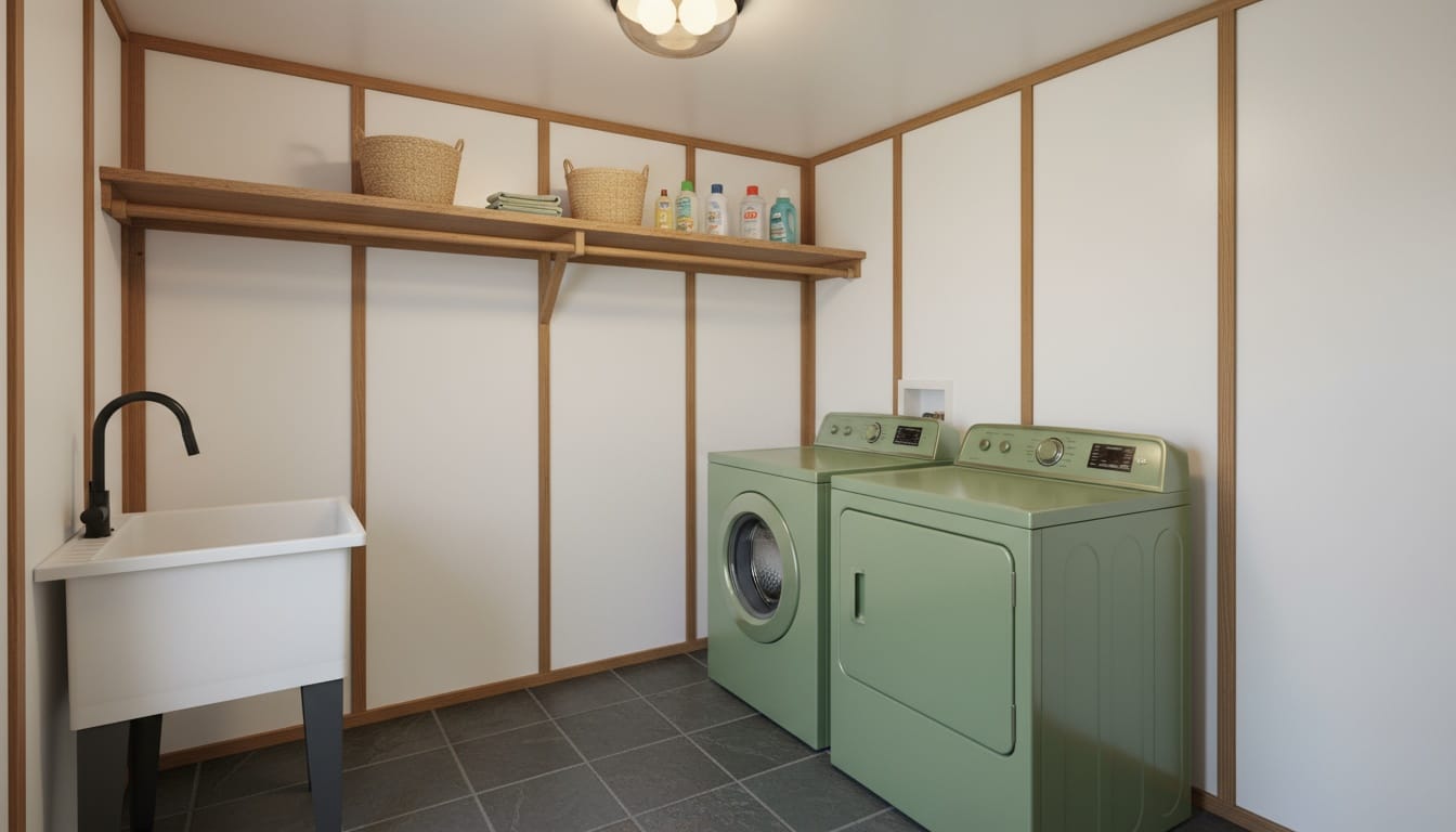 Retro green washer-dryer? Kinda obsessed. The black cabinet keeps it grounded.