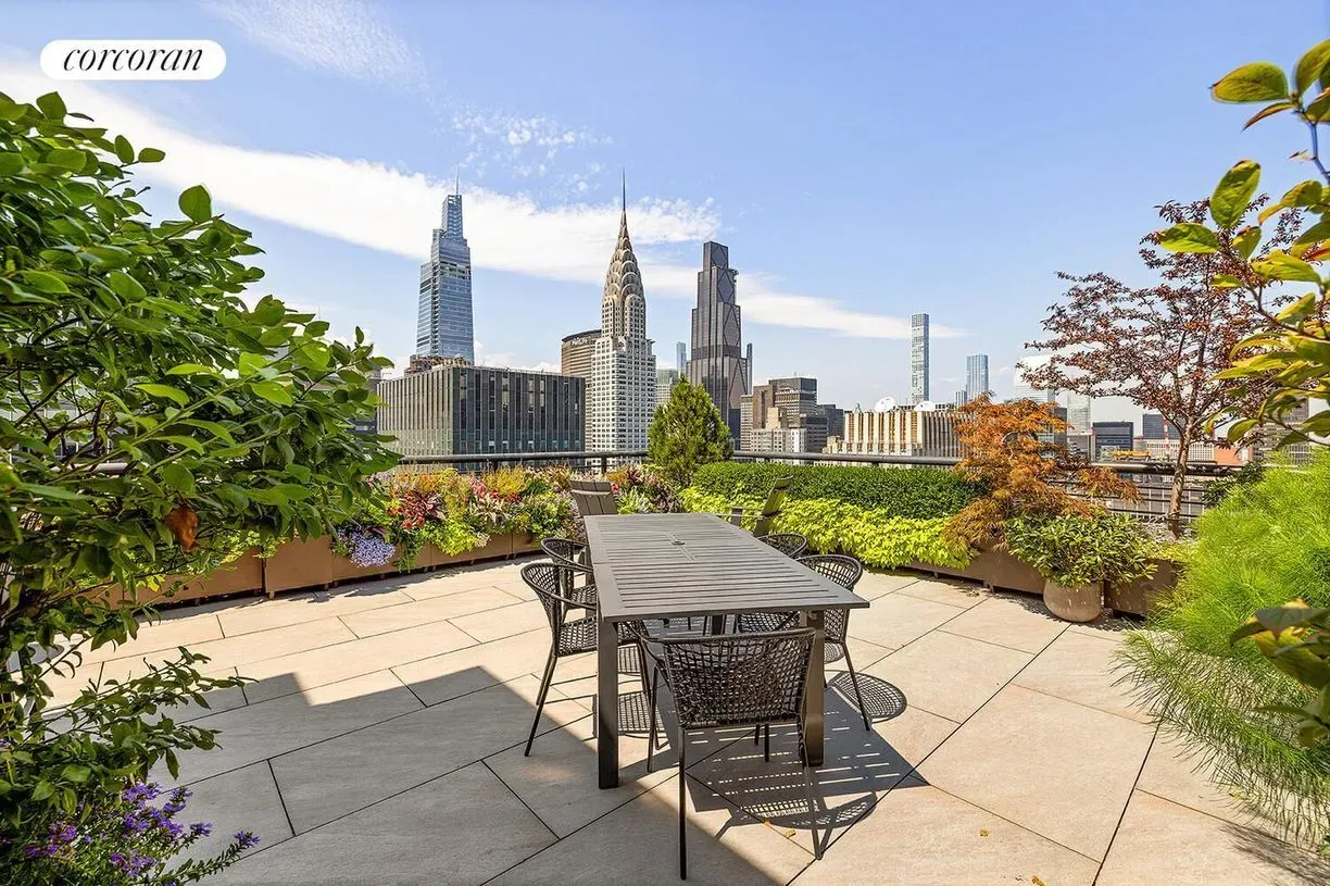 Here's the rooftop — killer view, stone tiles. Great plants. Four mil in NYC?