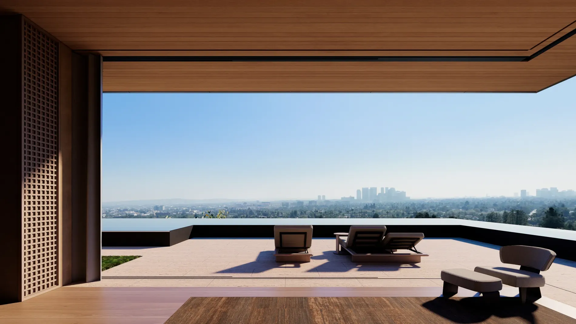 From up here, that skyline hits hard. Minimal furniture, maximum view.