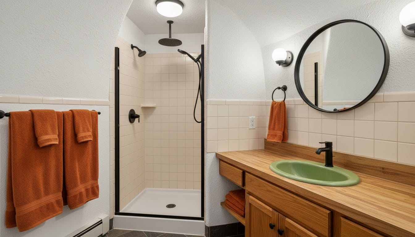 Curved bathroom walls feel retro-future. Shower nook looks surprisingly cozy.