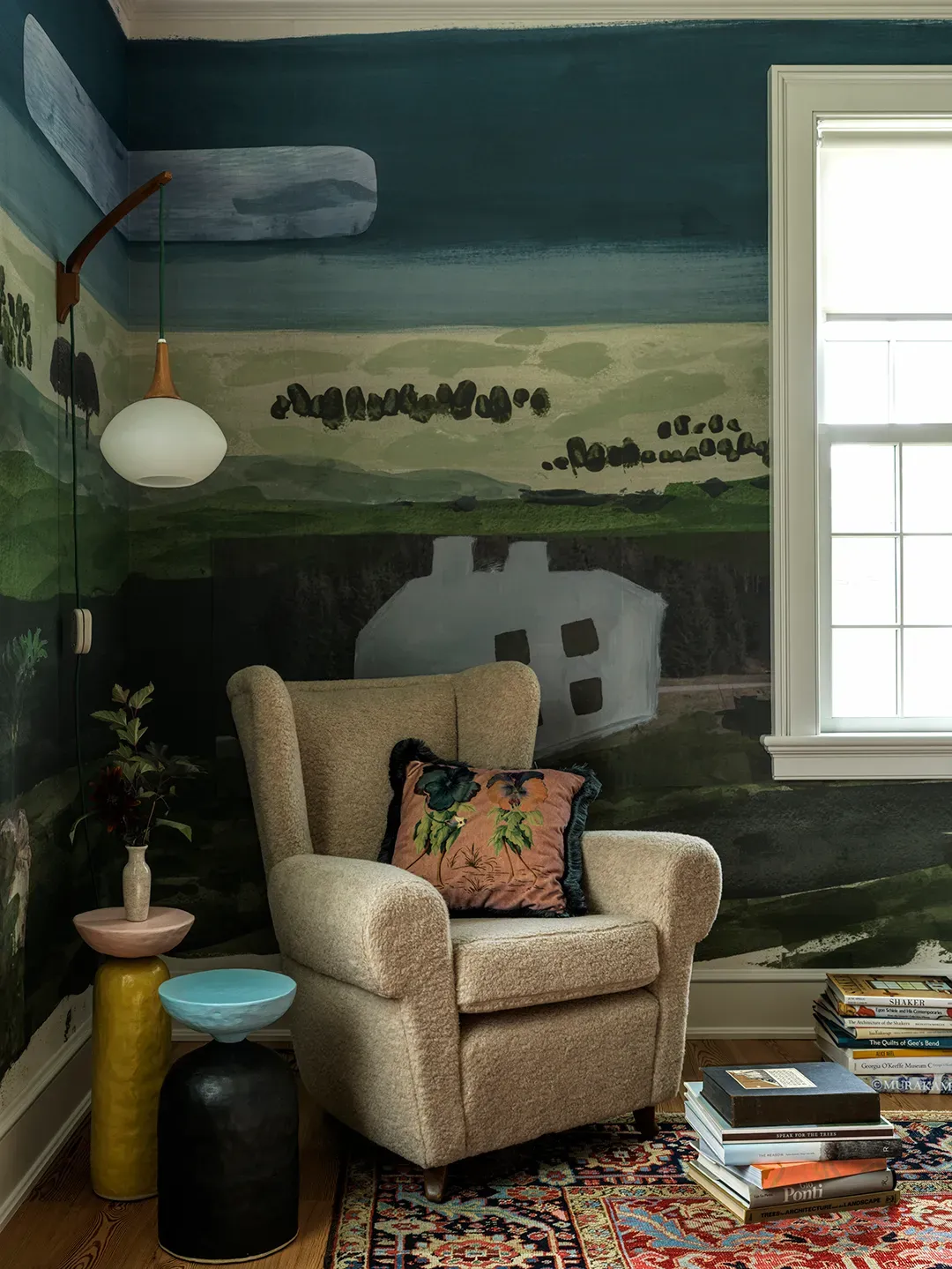 Reading nook mural is sweet—little farmhouse hills. Kinda storybook, kinda zen.