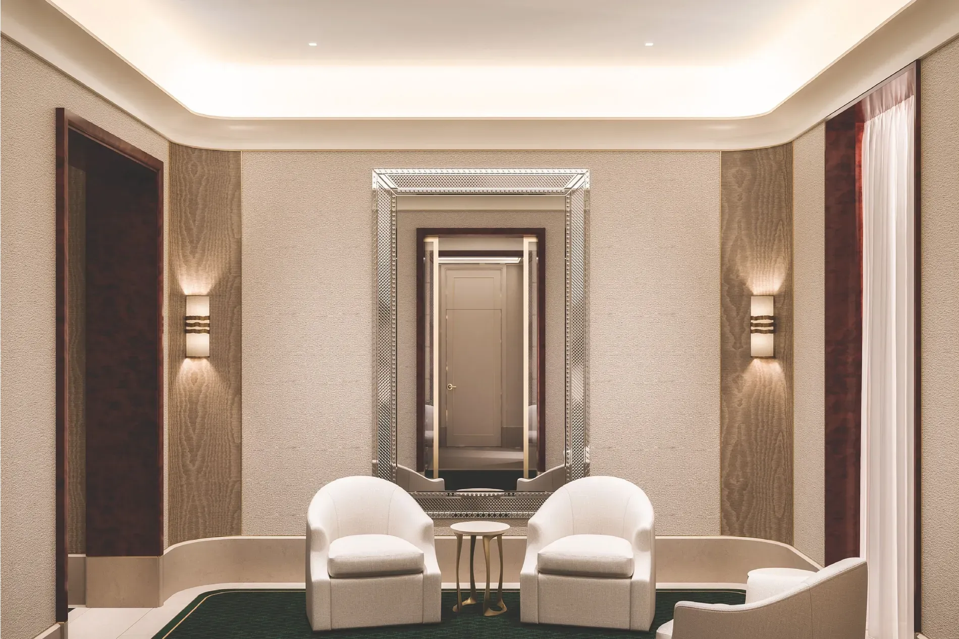 Textured beige walls and cherry trim — classy, a little hotel lobby?