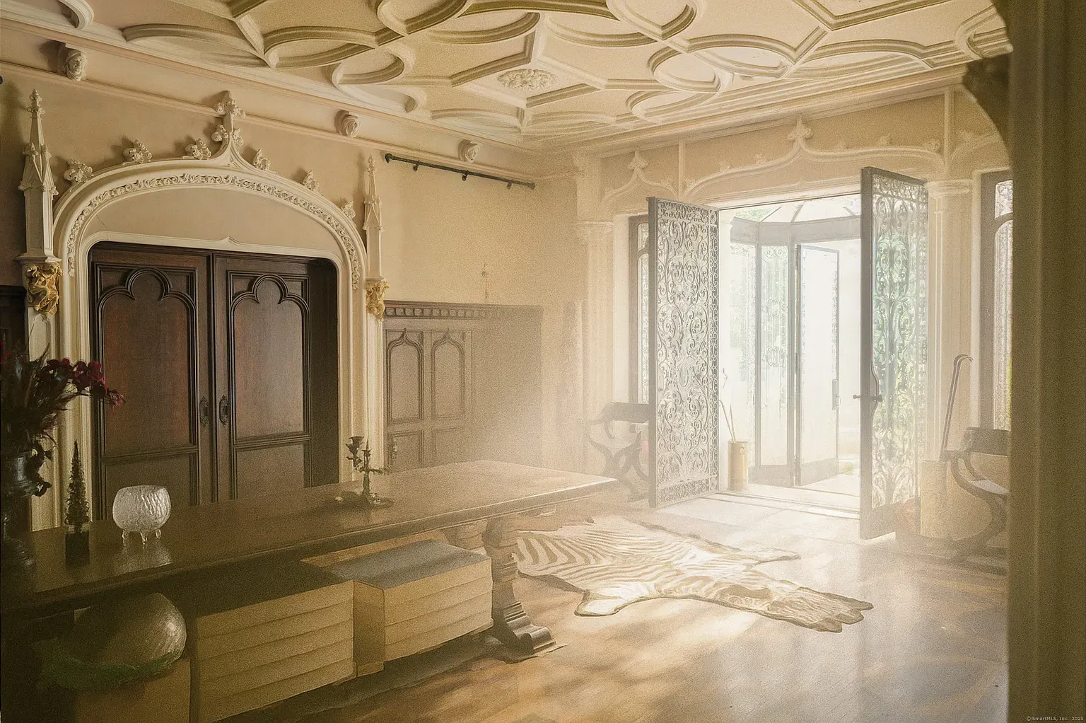 Soft beige, carved ceiling, a little rustic. Cozy without trying too hard.