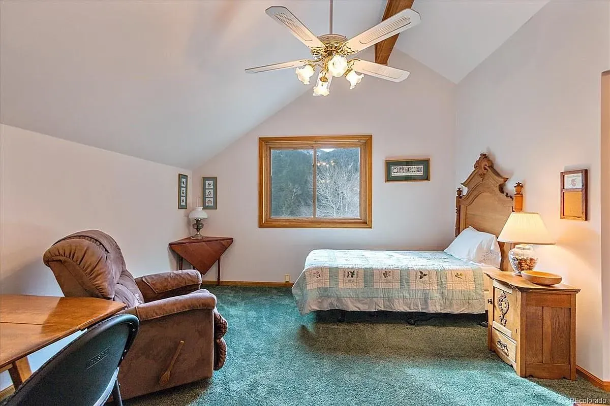 Another bedroom, more green carpet. Not sure about this combo, but sunlight helps.