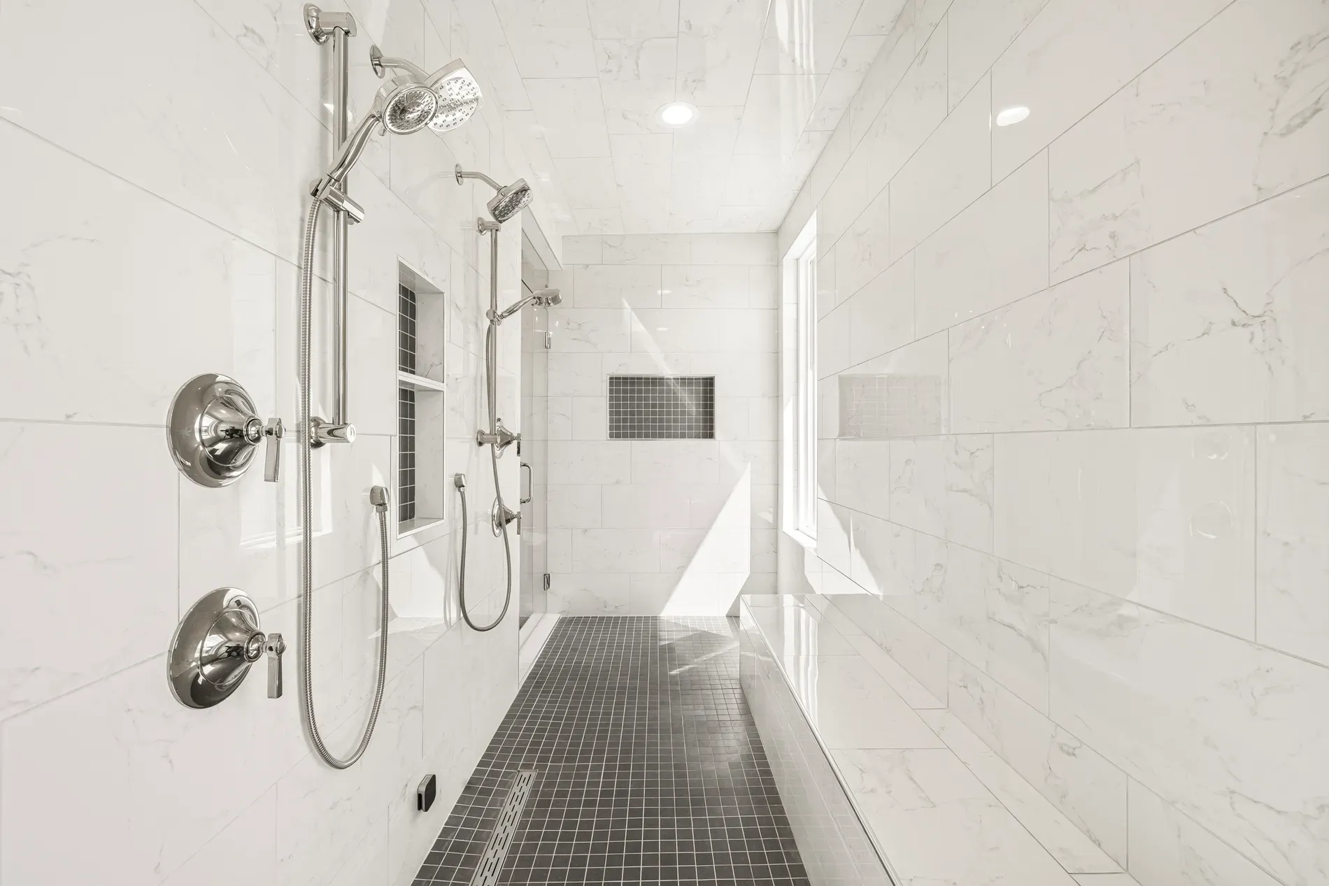 Okay, marble palace bathroom. Walls shine, light bounces everywhere. Slightly hotel, gorgeous.