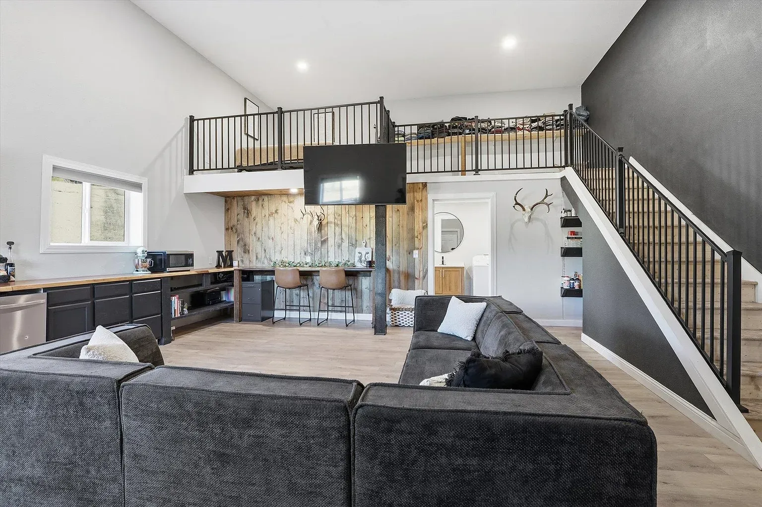 Final room goes soft gray plus black wall. I mean, it works.