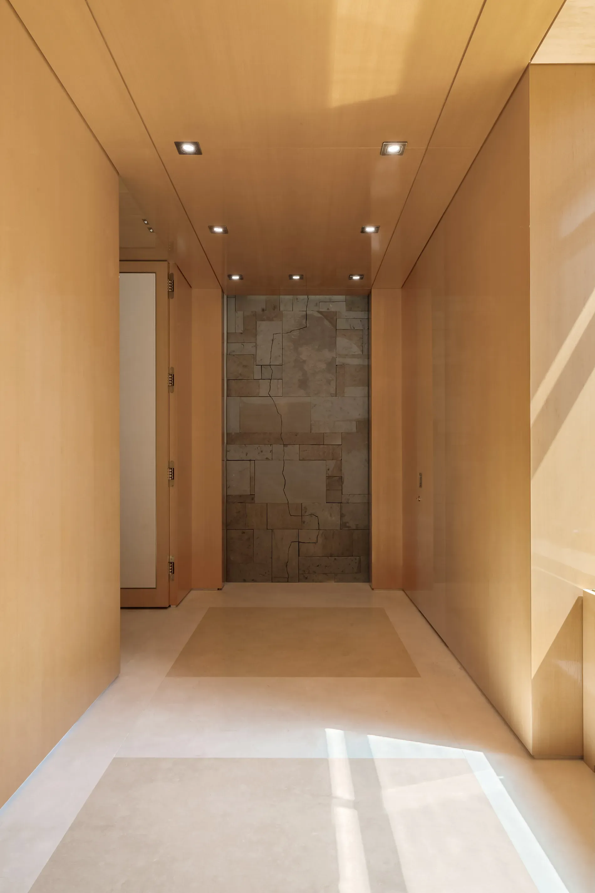 Hallway glow-up. Honey wood panels and that seamless ceiling lighting.