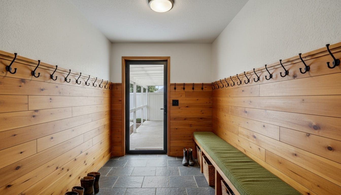 Mudroom glow-up. honey paneling, dark stone floor. Row of hooks ready.