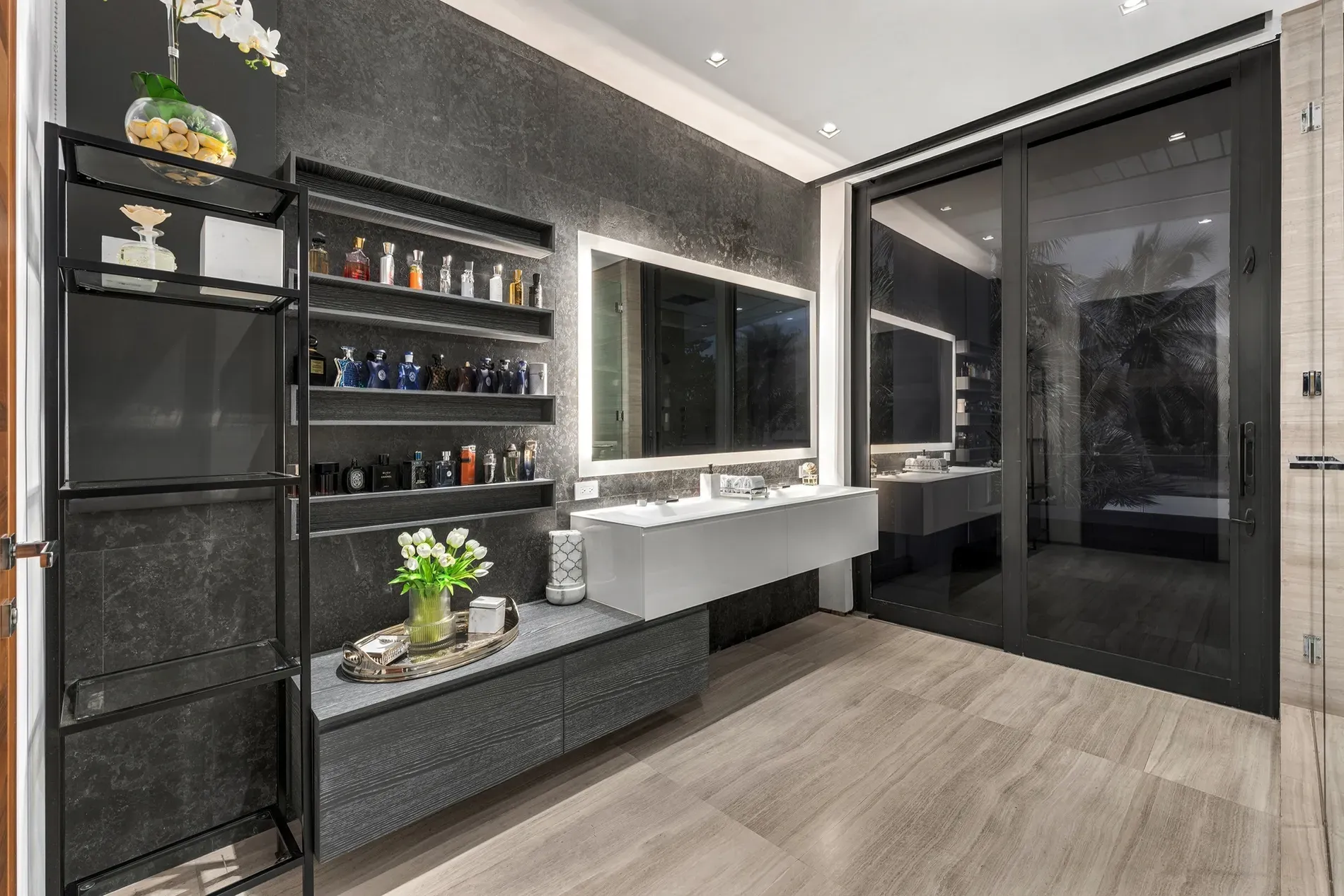 Okay, this dark bathroom. Dramatic walls, floating vanity. Maybe too hotel?