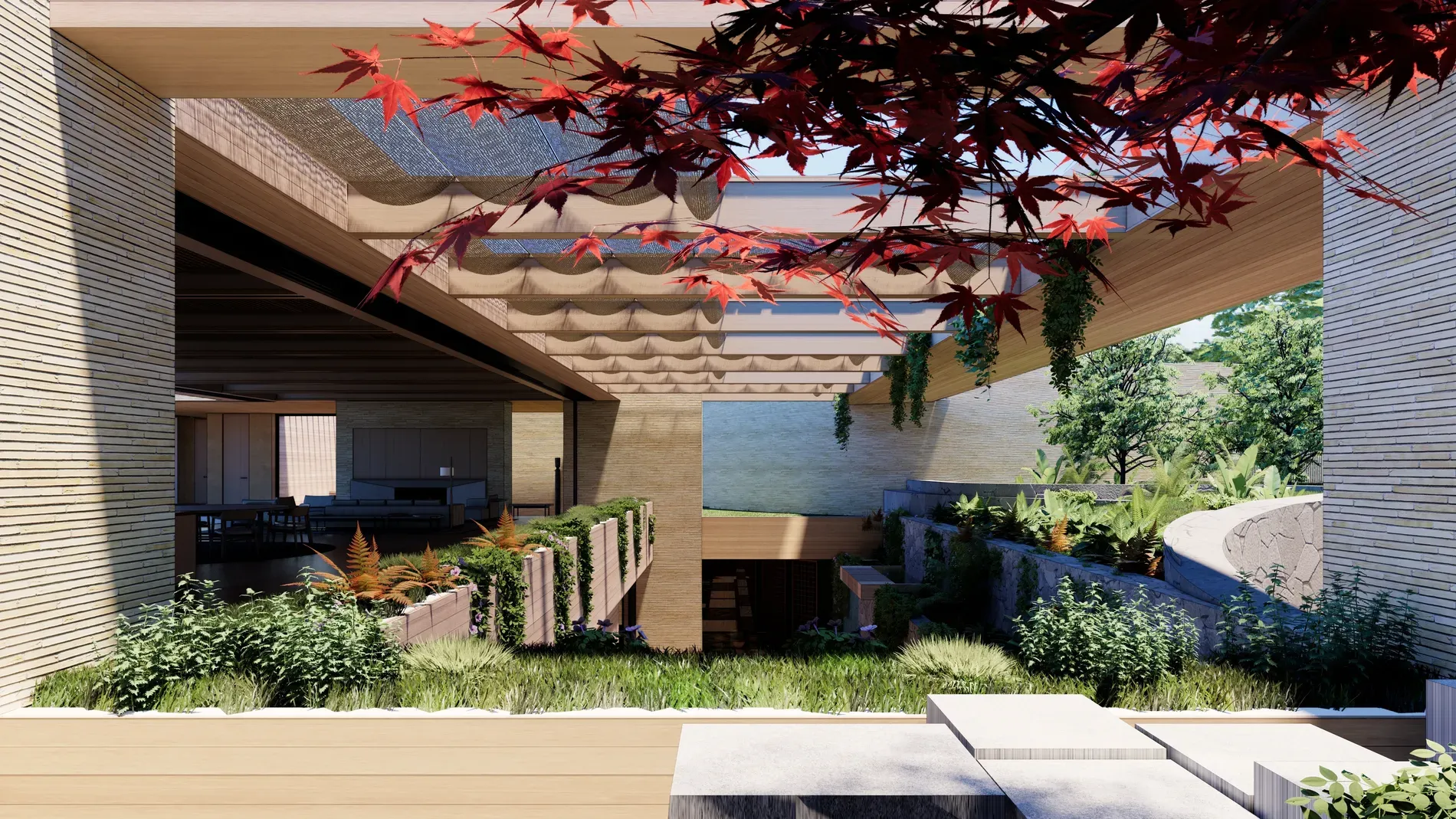 And then a lounge with plants tucked everywhere. Beige tones actually feel calm.