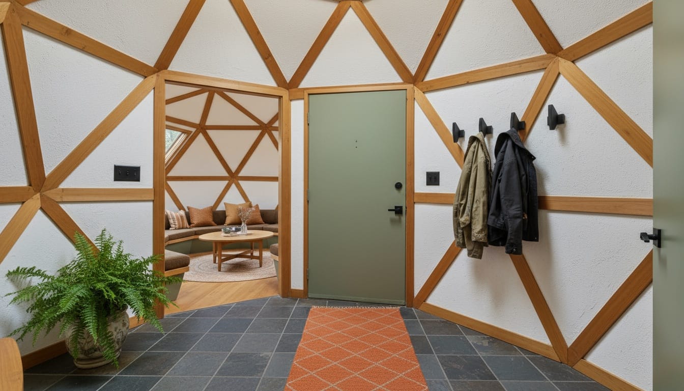Back at the entry. timber triangles, soft walls. Not sure about that palette.