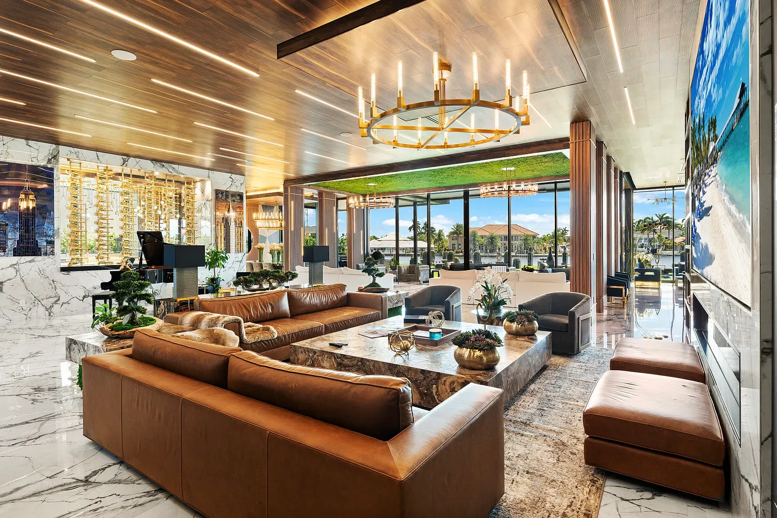 Another lounge spot. Warm wood overhead, shiny marble underfoot.