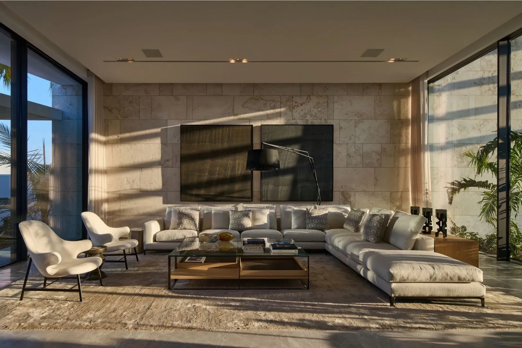 Living room is basically a postcard wall. Floor-to-ceiling glass everywhere.