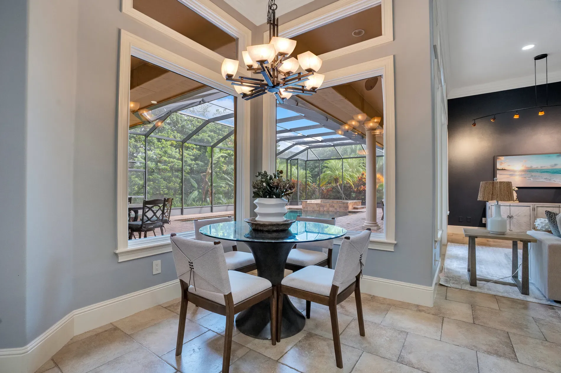 And then the breakfast nook. glass table, soft chairs, floor-to-ceiling views. Nice.