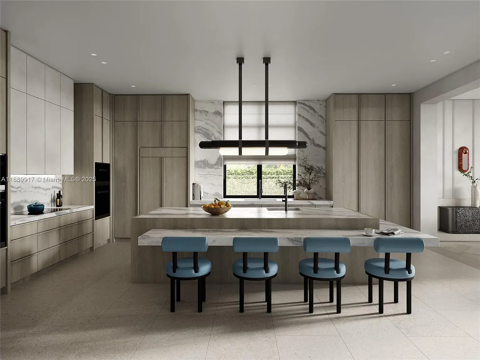 Light wood kitchen with a huge island. Feels practical, not fussy.