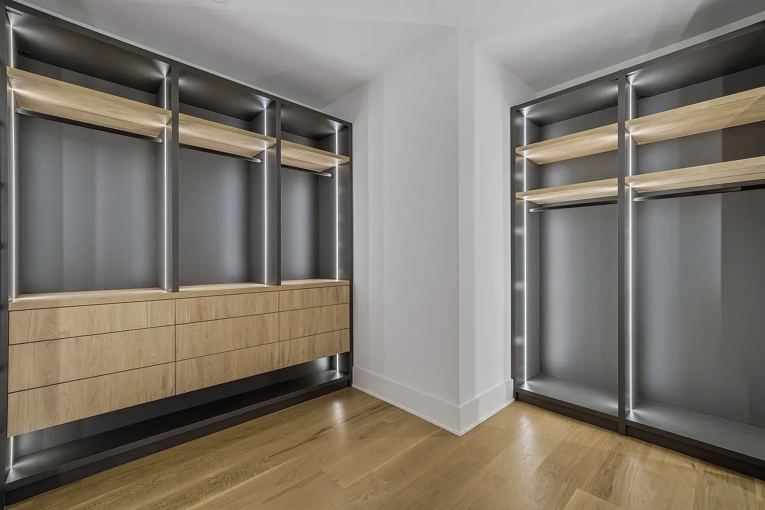 Closet is basically a boutique. Dark frames, warm wood, tons of space.