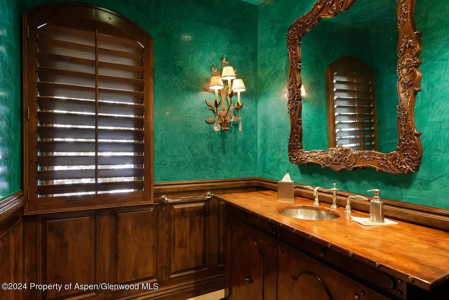 Powder room flex. turquoise plaster and a gorgeous wood vanity.