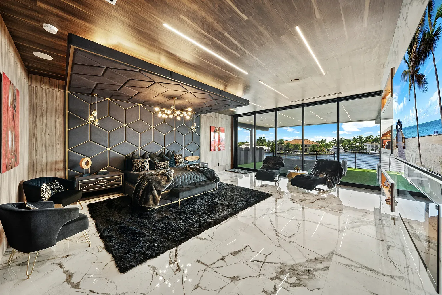 Bold black-and-gold wall in the bedroom. Not shy at all.