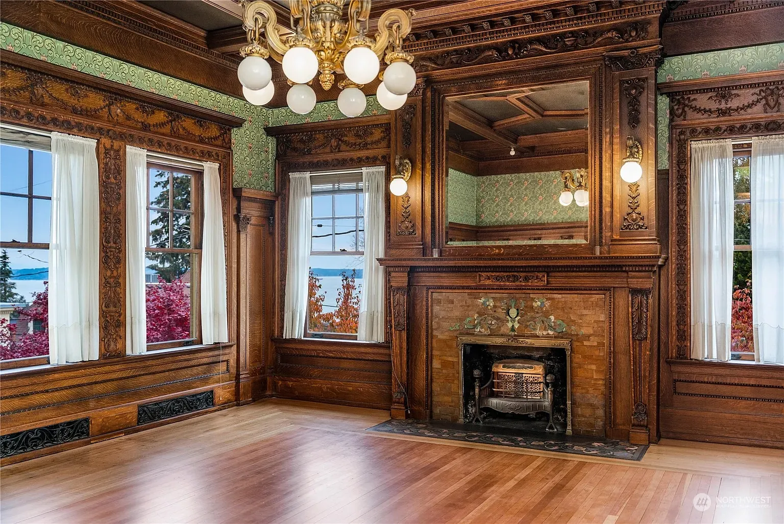 Carved wood everywhere. Warm, moody, feels a storybook study.