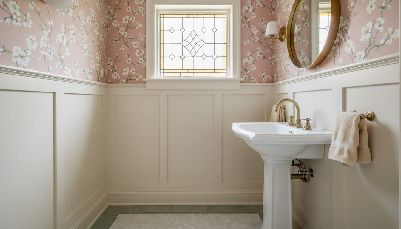 Main-floor powder room near the foyer, intimate scale