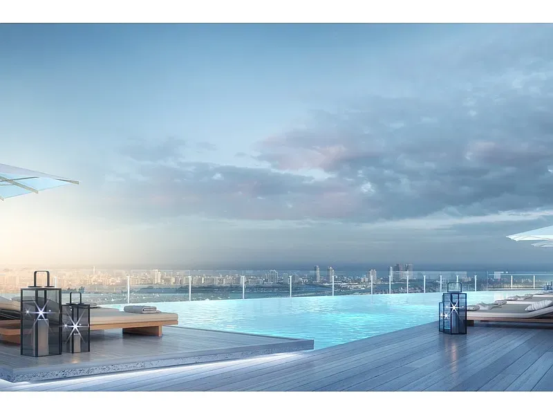 Here's the roof—glass rails, infinity lip. City just drops off the edge.