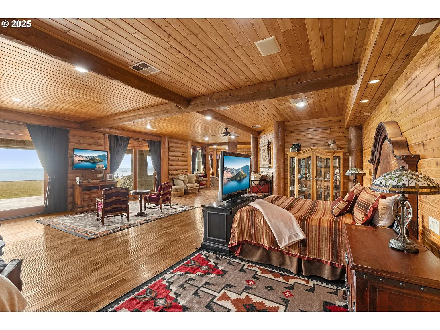 Big open log room. All wood everything, but it somehow feels calm.