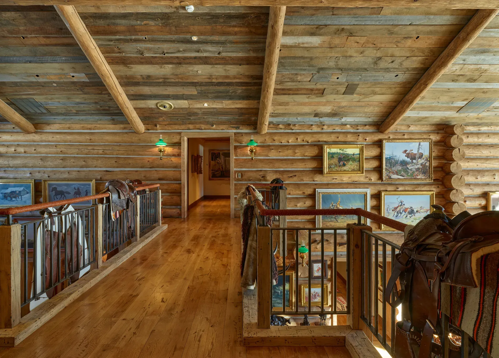 Loft landing with heavy beams and paneling. Anyone know why no railing side?