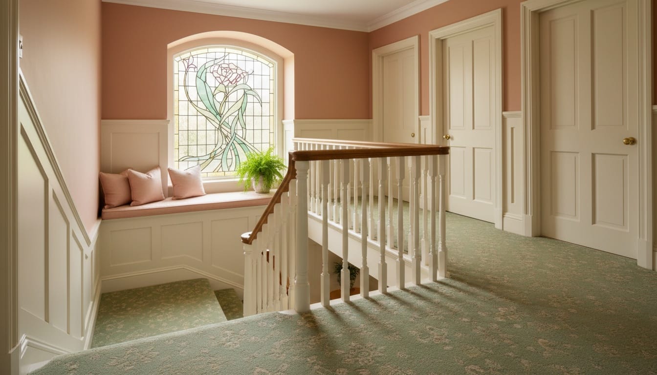 Upstairs landing at the top of the curved staircase