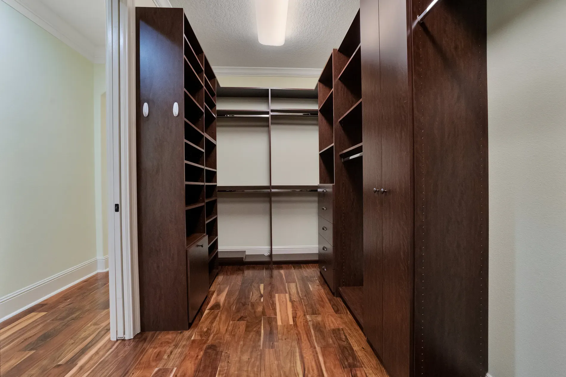 Walk-in closet flex — dark built-ins everywhere. Feels a boutique.