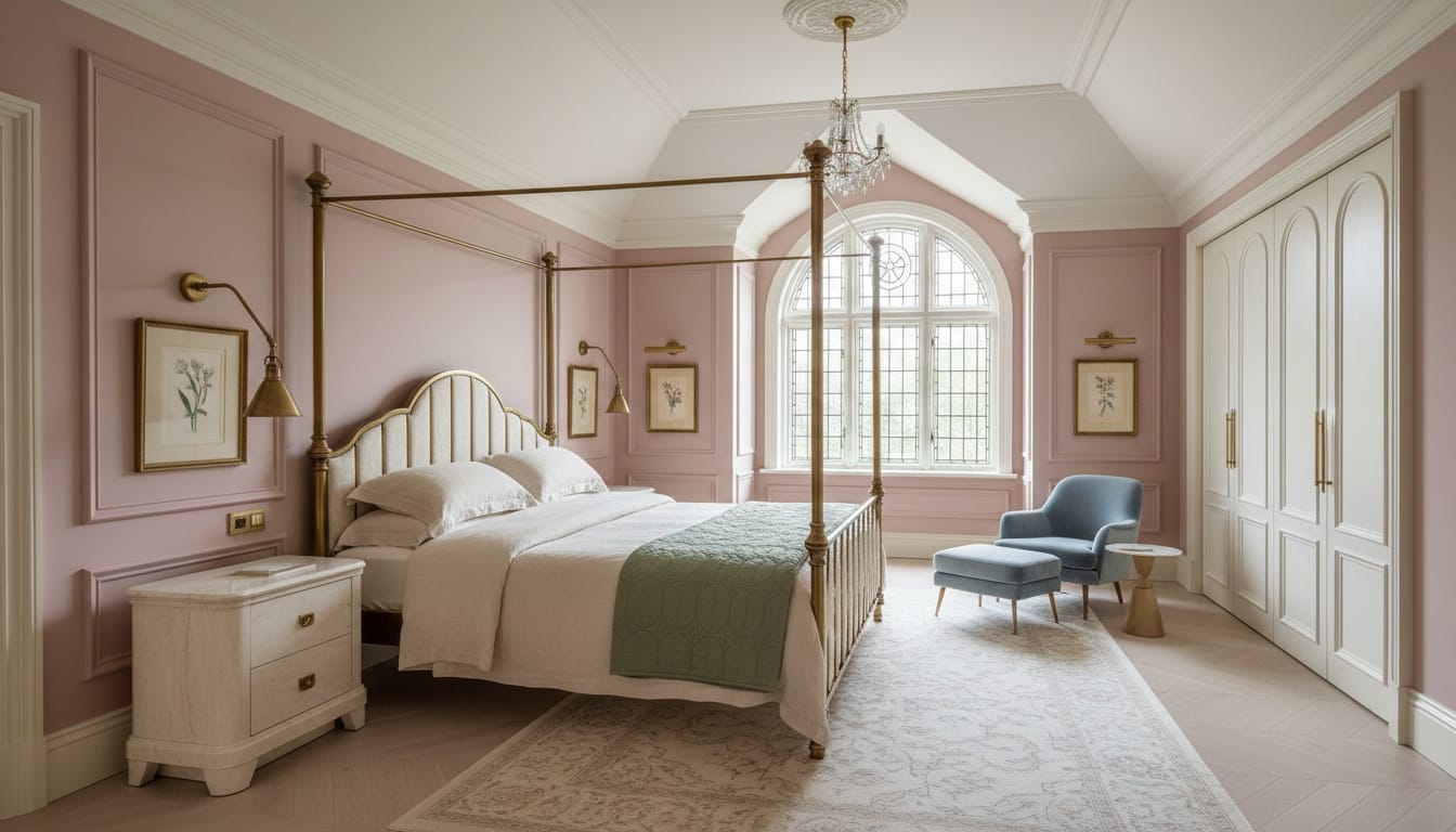 Guest bedroom in the front-right gable upstairs, consistent 2020s neo‑Victorian style