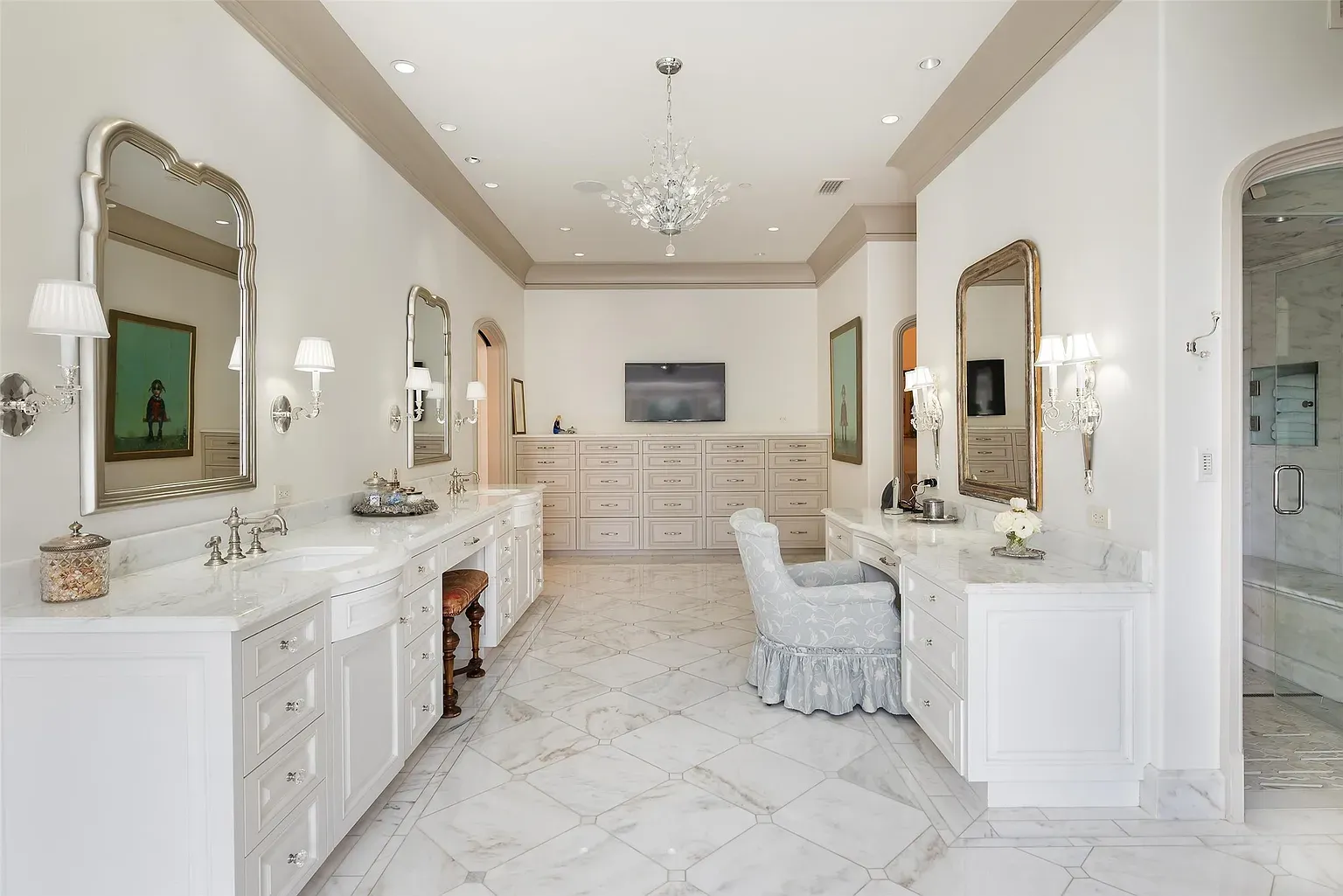 Marble everywhere, soft lighting. Feels expensive and echoey.