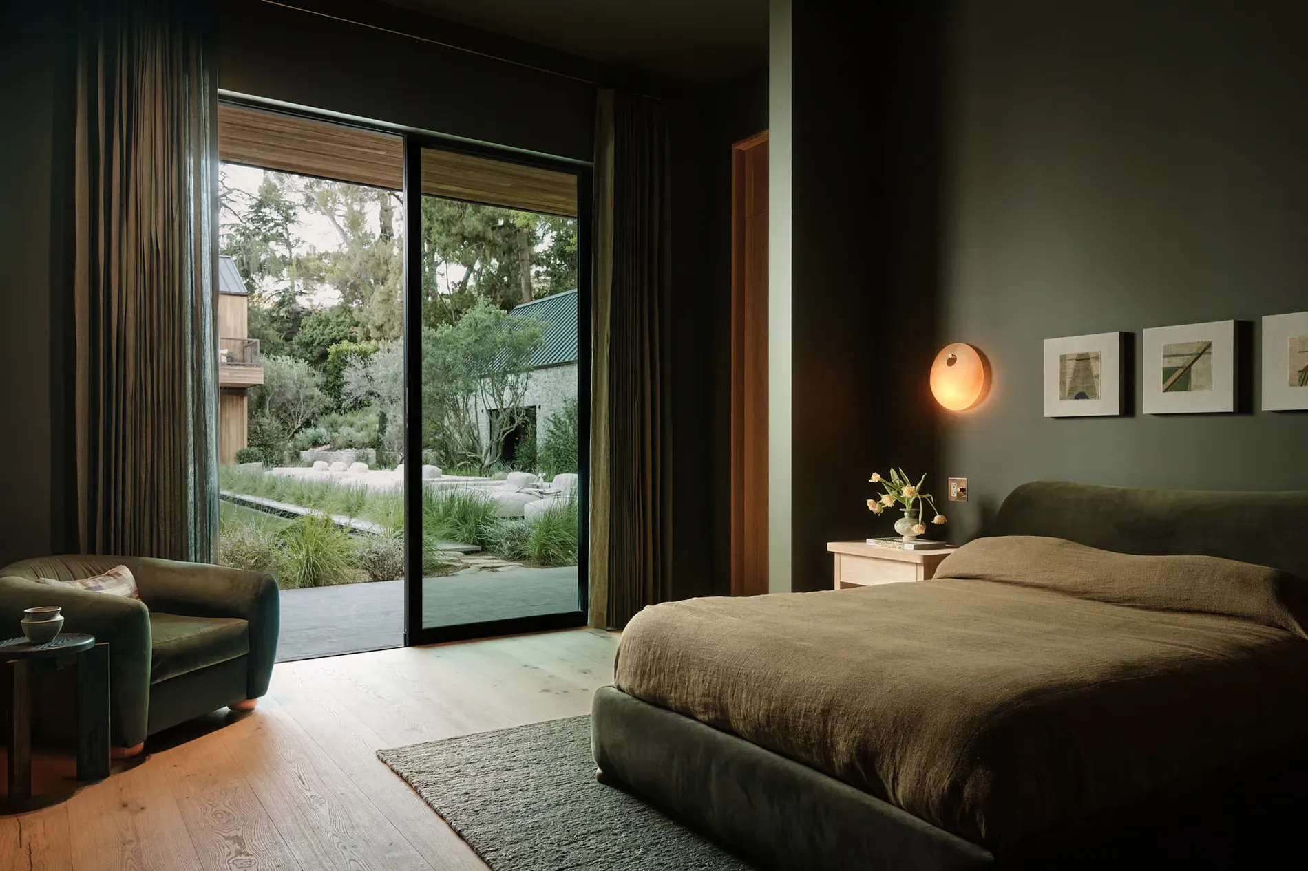 Moody wall with the taupe bed. Looks instant nap mode, lights dimmed.