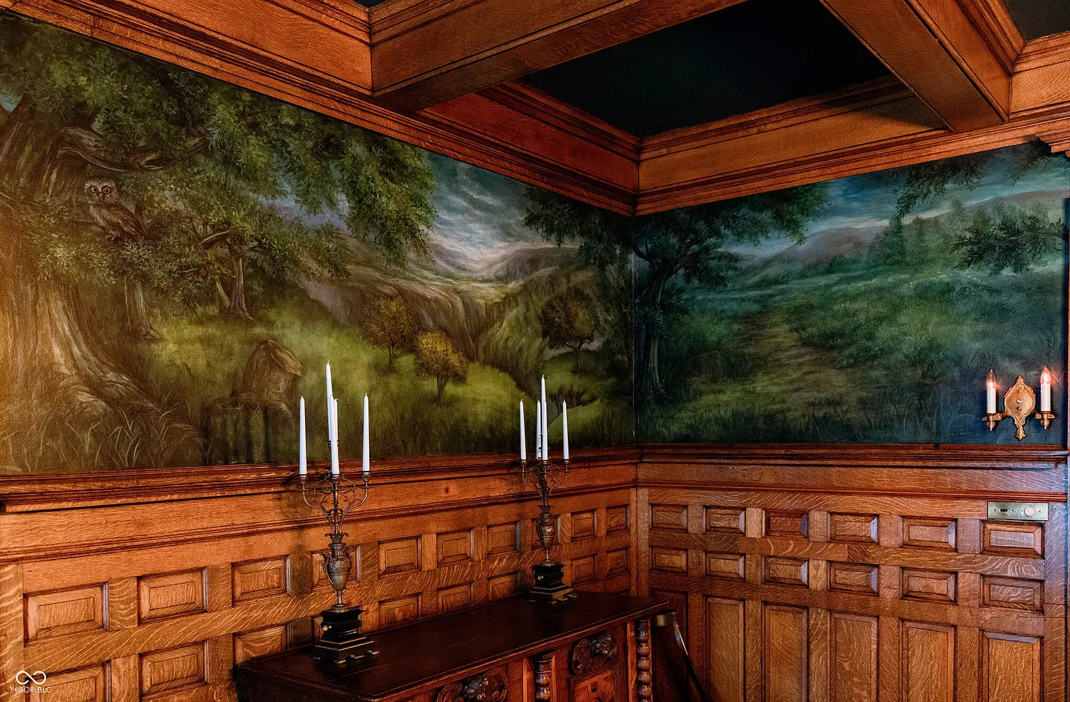 Murals over dark oak walls, cozy and a little museum-y in a good way.