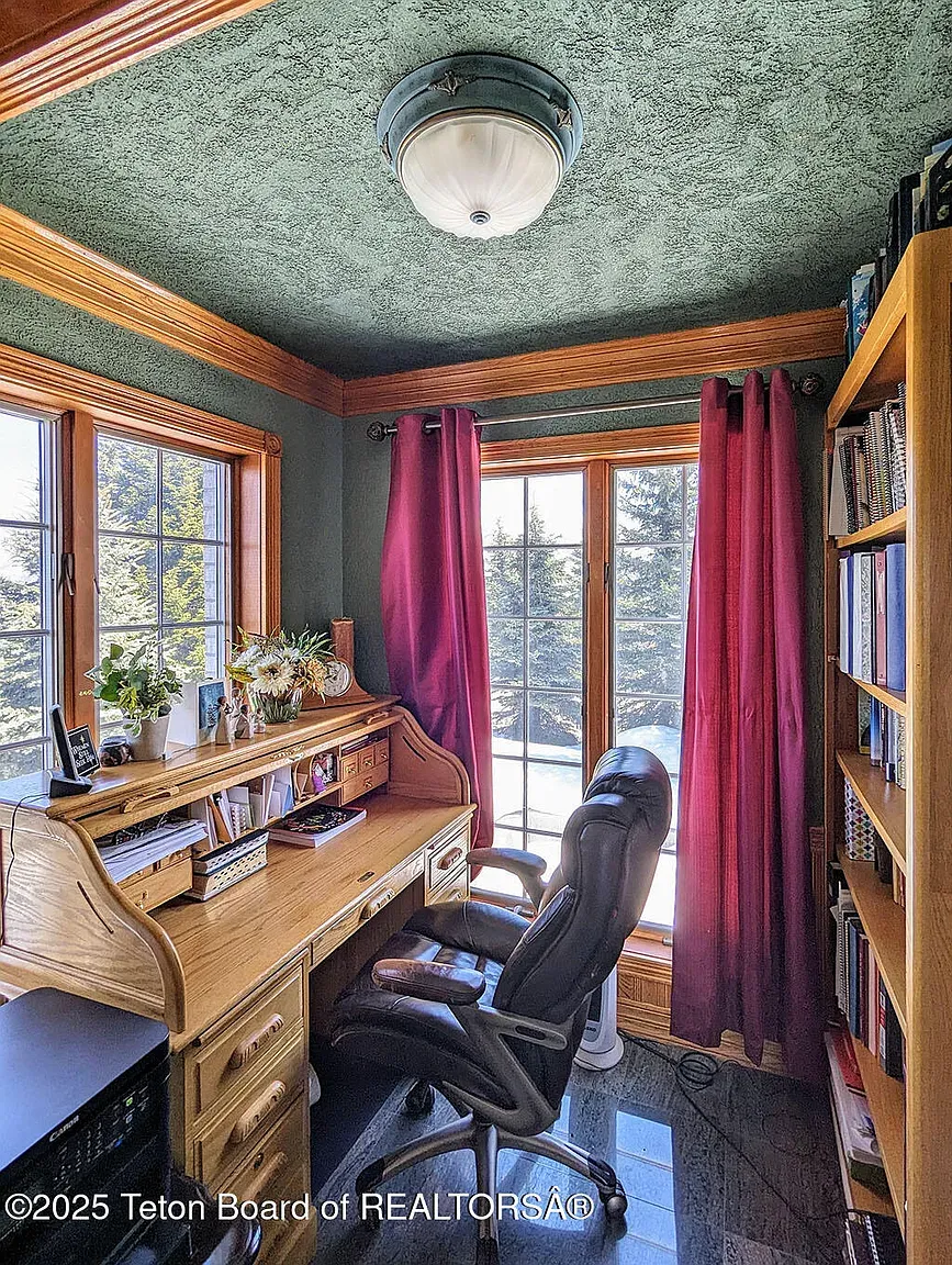 Office goals. deep green ceiling, chunky wood trim, big mullioned windows.