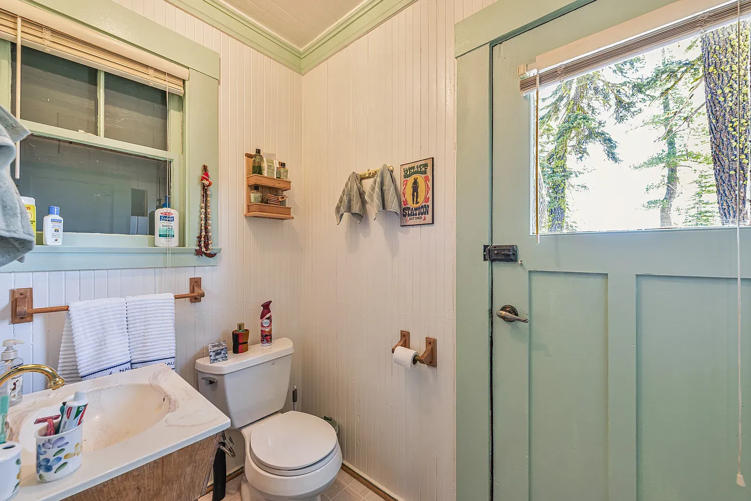 Mint ceiling in the bathroom is doing all the work, honestly.