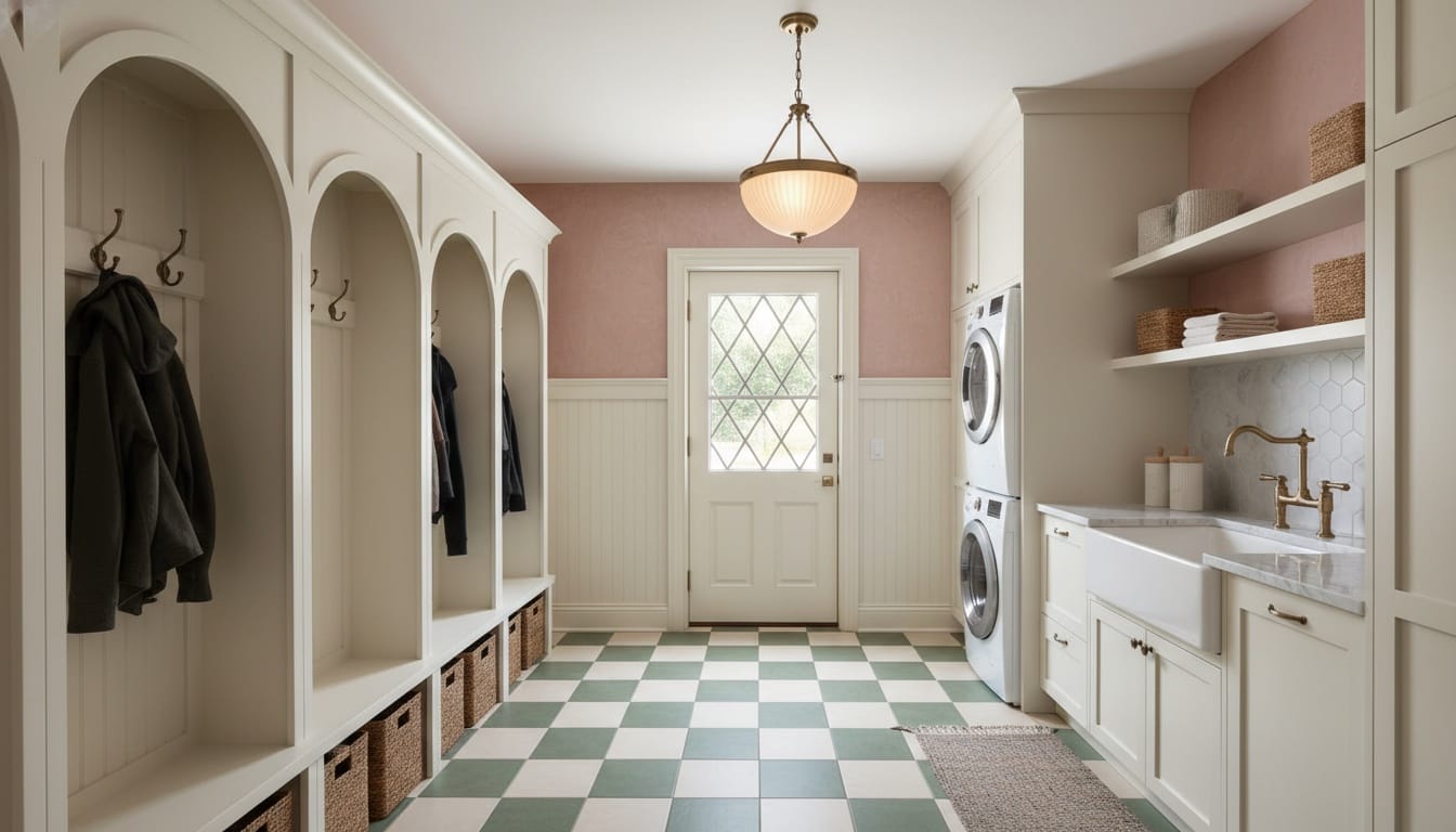 Side-entry laundry and mudroom off the kitchen, service area with the same materials