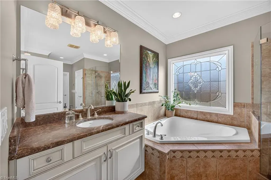 Warm taupe and chunky granite. Feels a hotel but better towels.