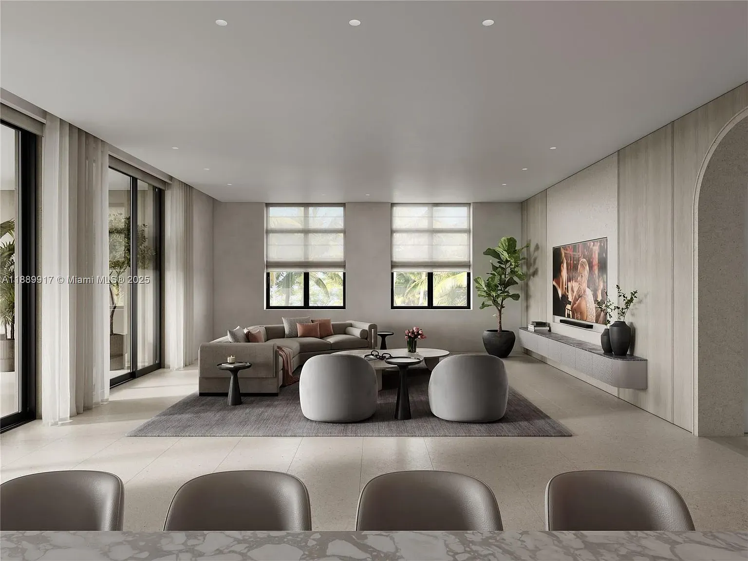 Second living area? Gray textured walls, massive windows, very airy.