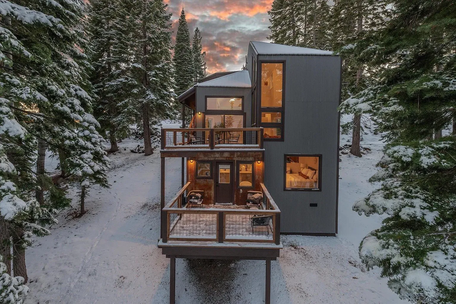 Dark corrugated siding against the snow. This place means business.