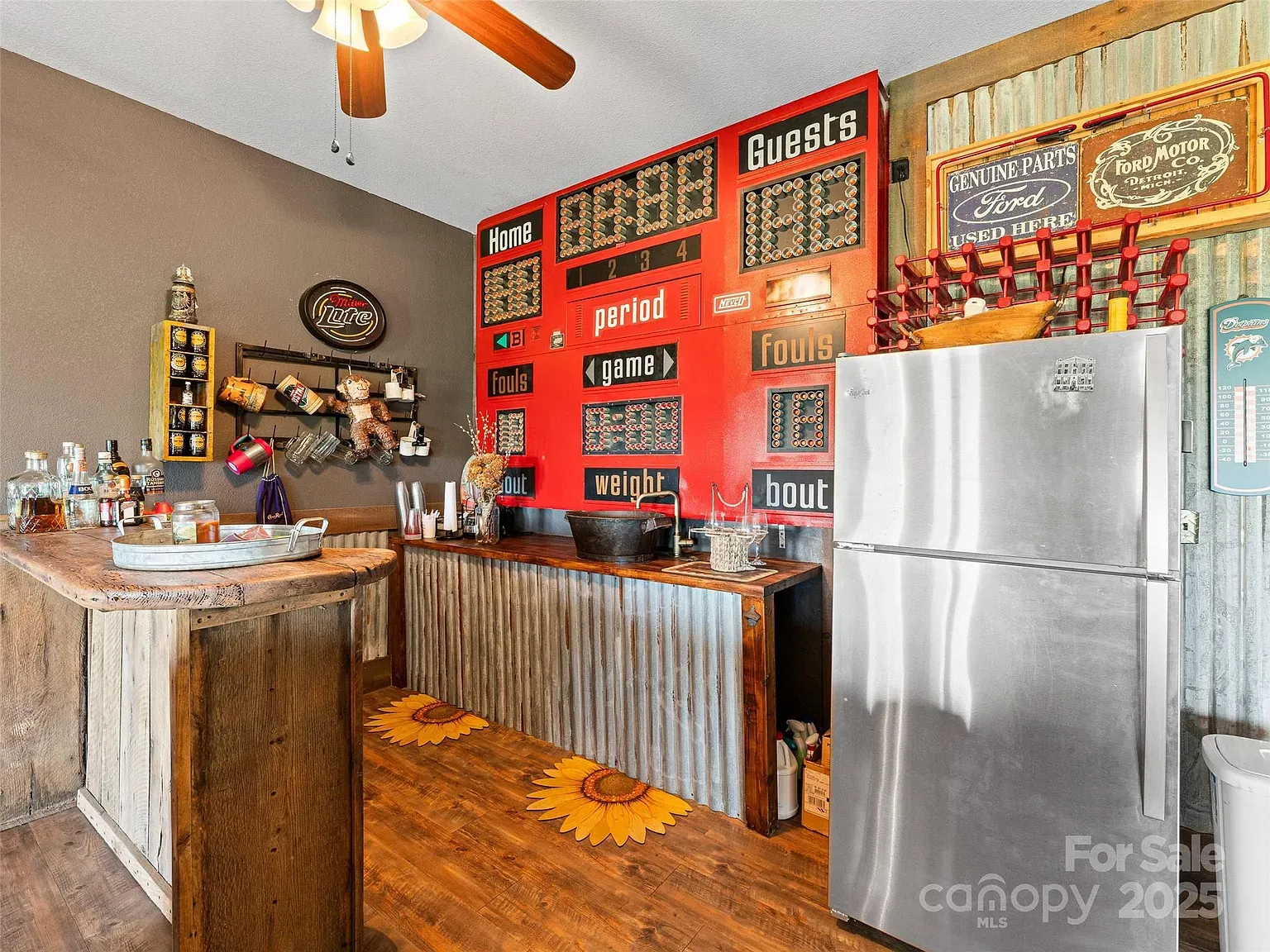 Home bar with chunky wood and metal accents. Feels a mountain pub.