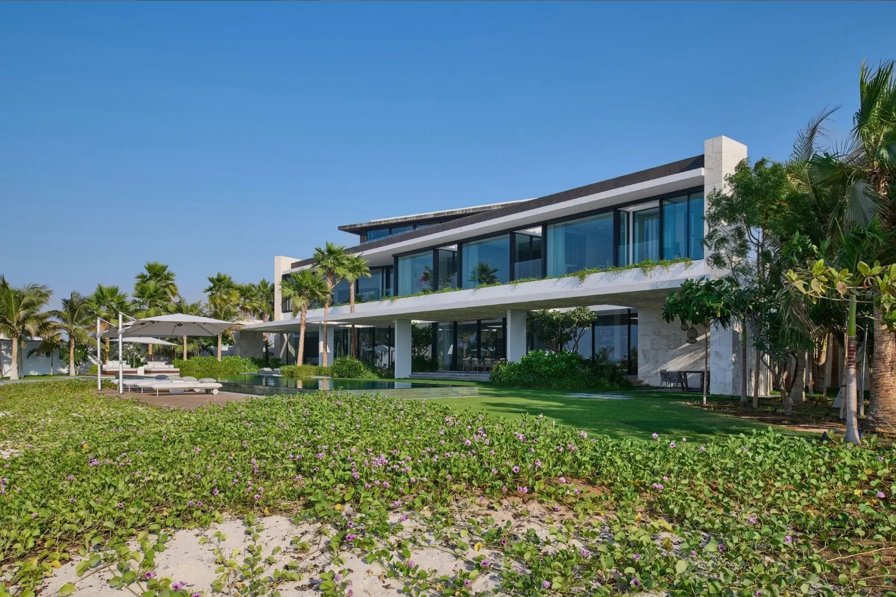Big cantilevered roof doing a hero move over the glassy facade.