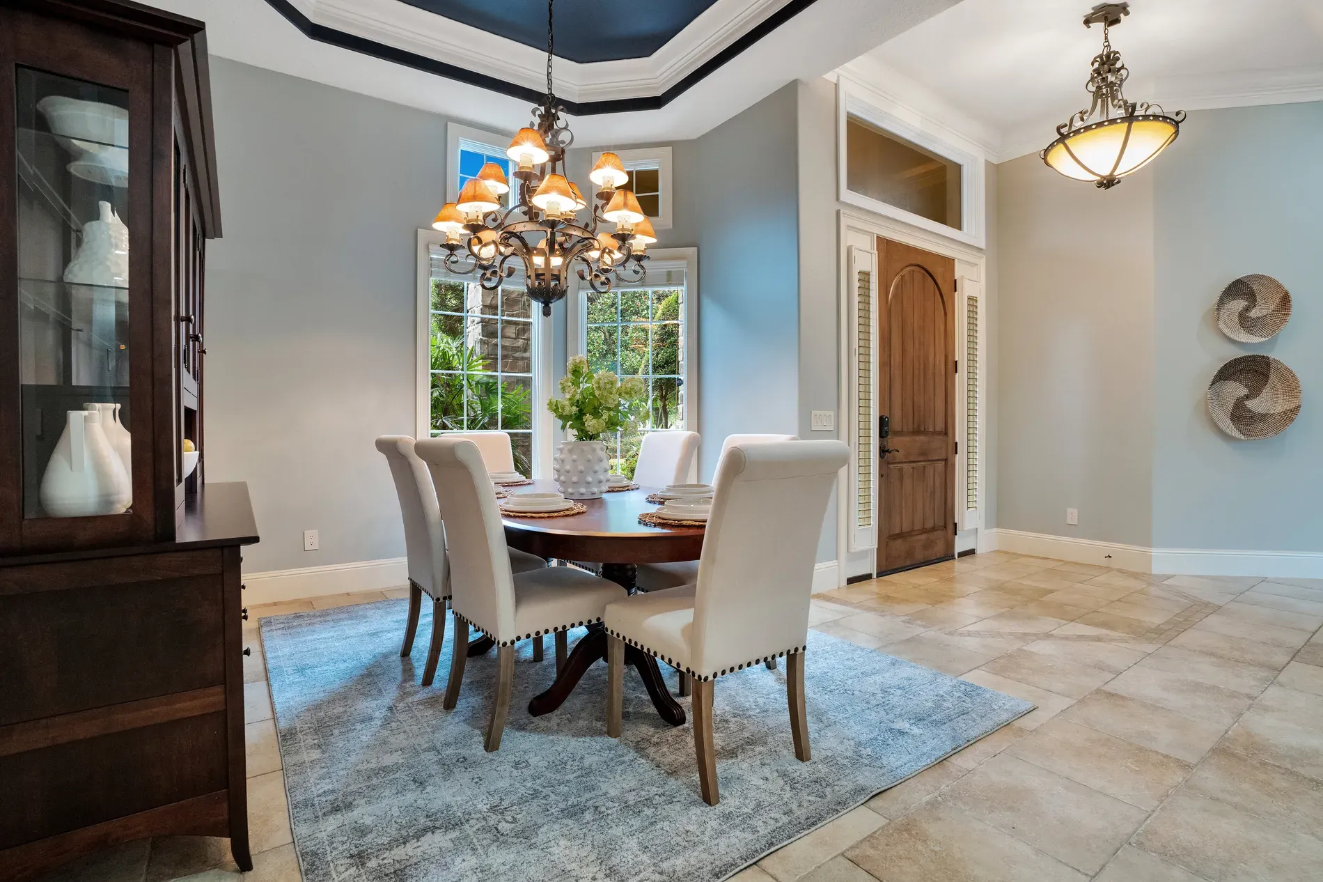 From this angle. gray walls, serious dark table. Cozy but still formal.
