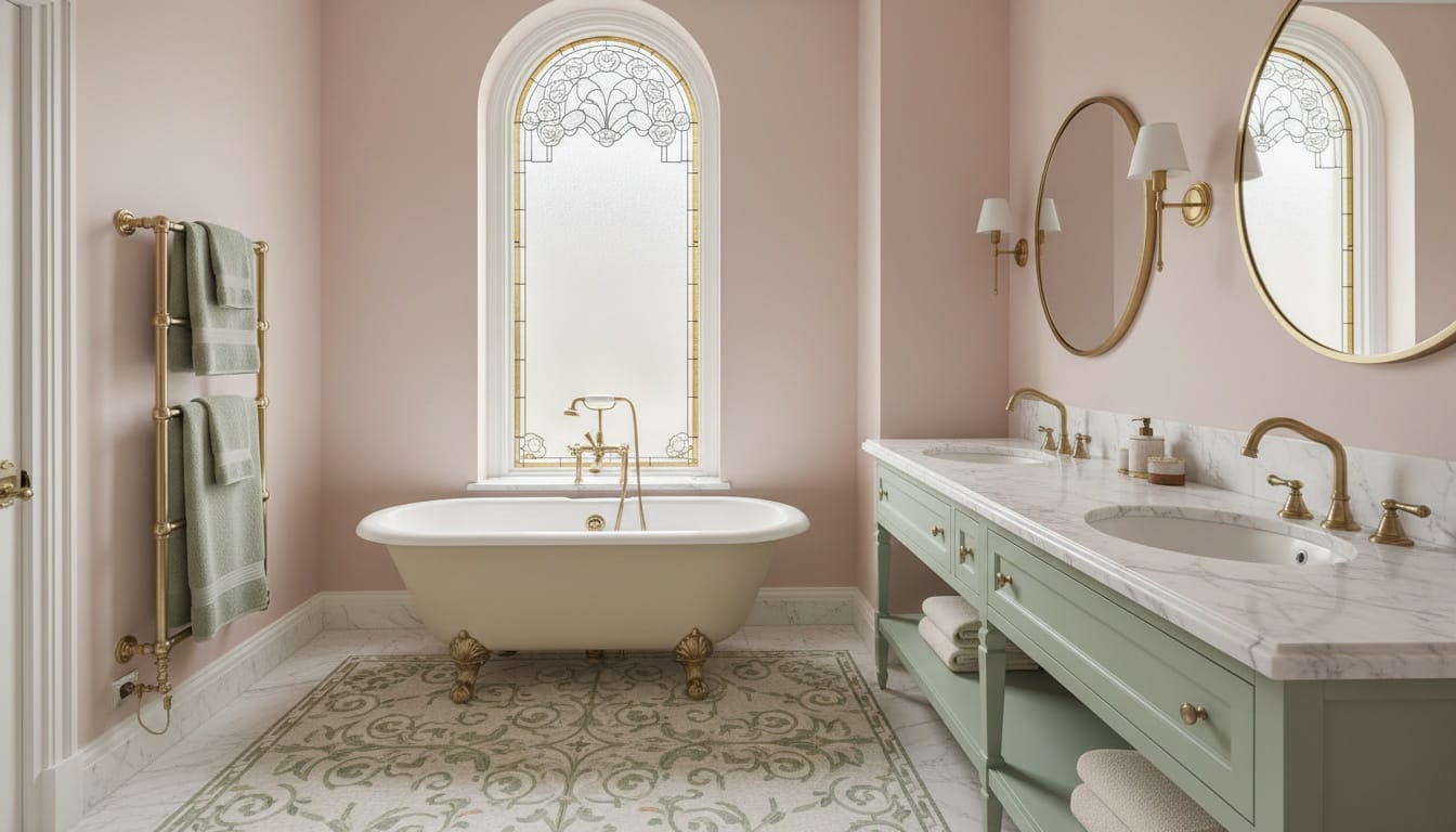 Primary bathroom attached to the suite, 2020s neo‑Victorian luxury