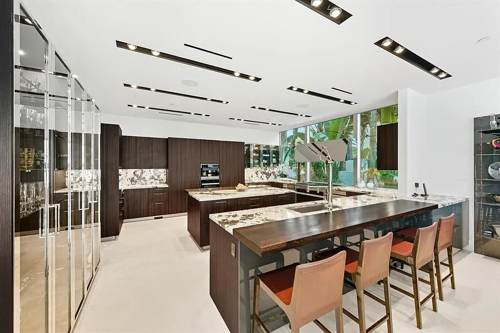 Dark wood with crazy marble veining. Looks expensive and somehow still cozy.