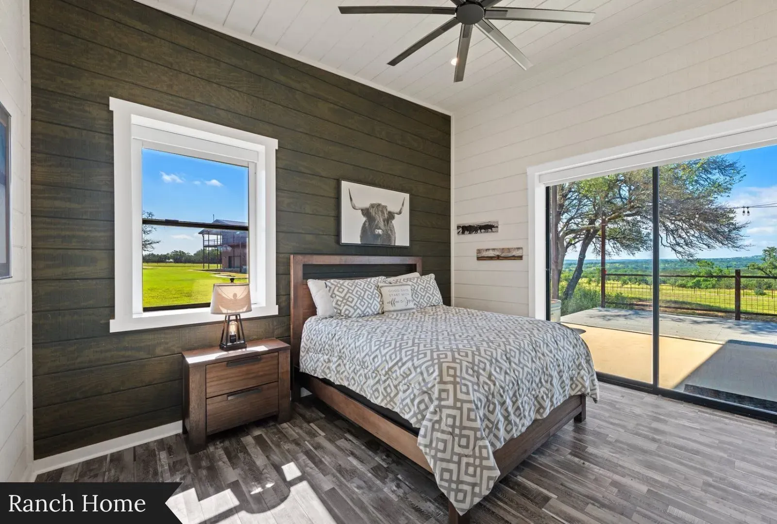 Bedroom goes modern-farmhouse. Geometric duvet with a beefy dark headboard. Kinda works.
