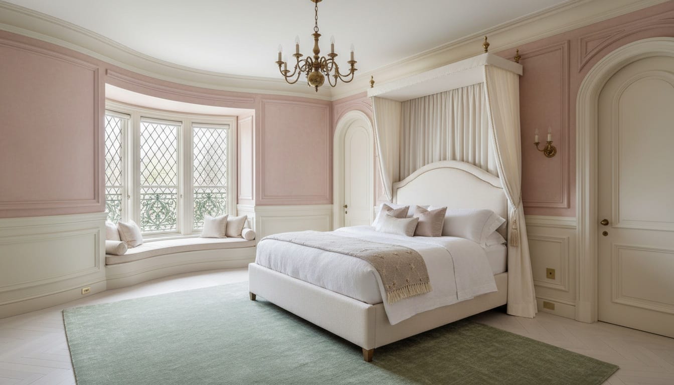 Primary bedroom upstairs on the turret side, refined princess‑inspired decor
