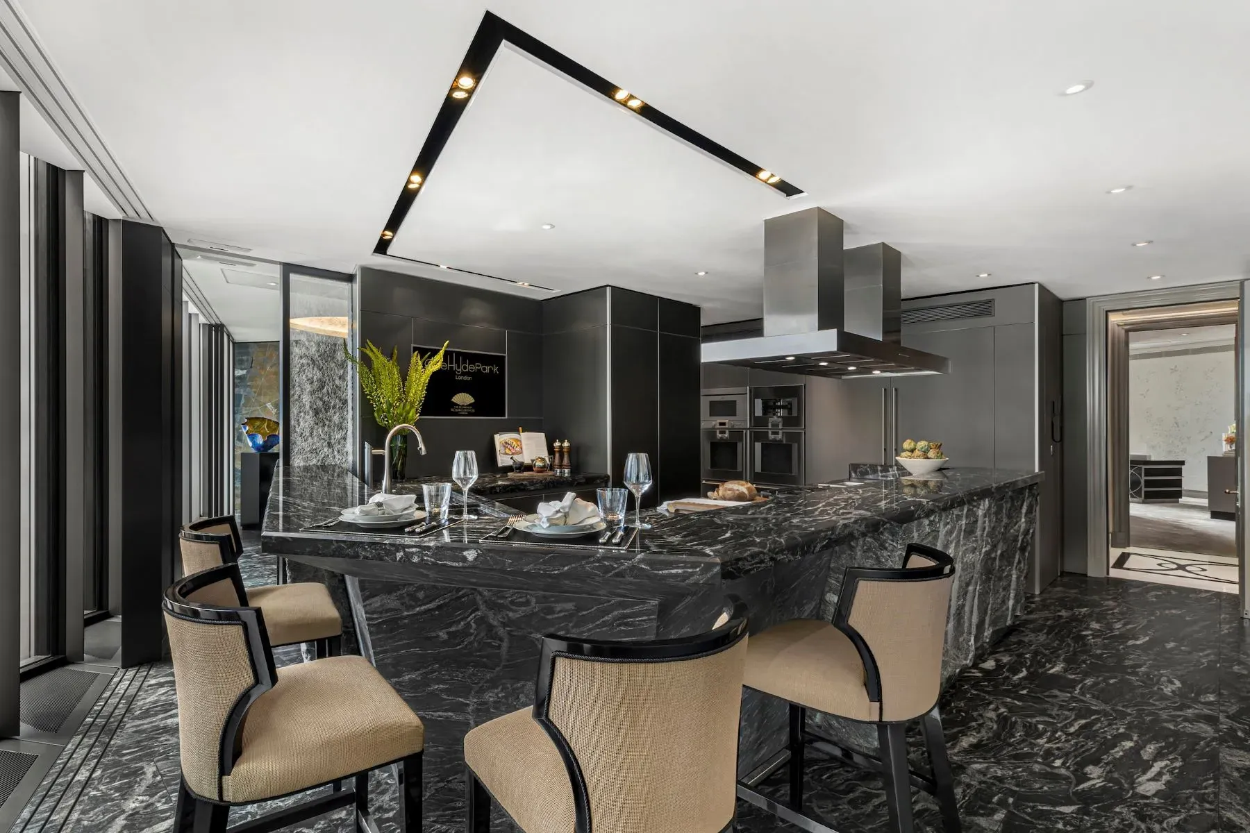 The island is massive. Black marble everywhere. Looks a restaurant prep station.