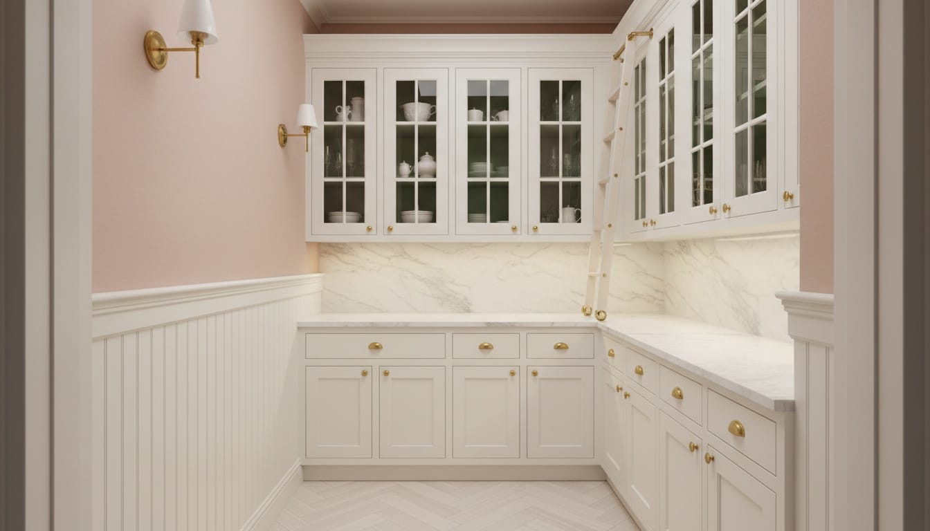 Butler’s pantry linking dining to kitchen, narrow and elegant