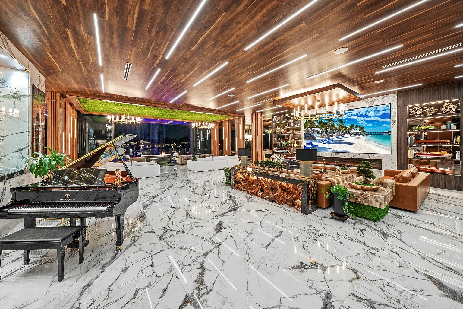 Marble floors, wood ceiling. Wide open and echo-y in a good way.