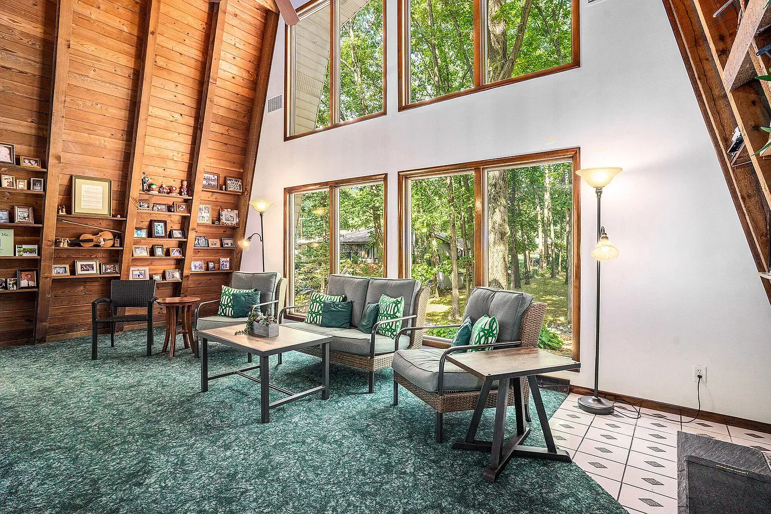 Great room under that A-frame. So much wood, in a good way.